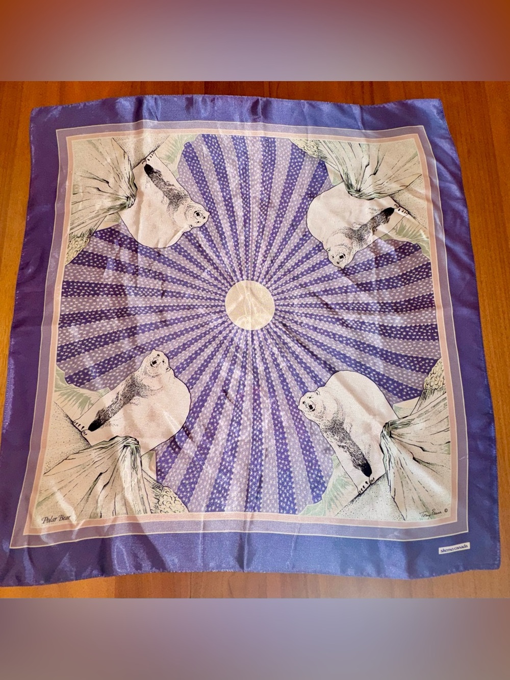 Skemo Canada signed Tony Paine Silk Satin Polar Bear Scarf in Purple and White